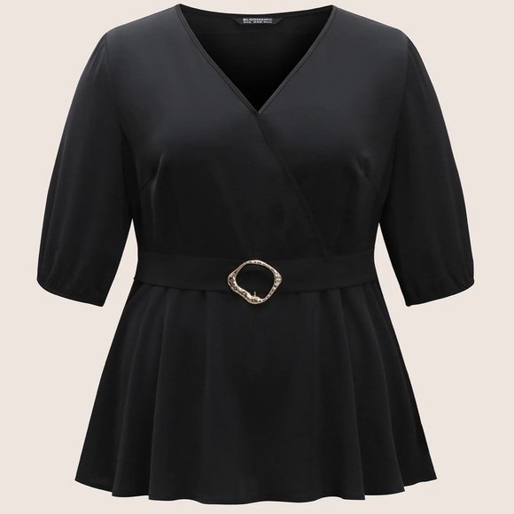 BloomChic Plus Size  Plain Elastic Waist Buckle Detail Wrap Blouse - Picture 6 of 7